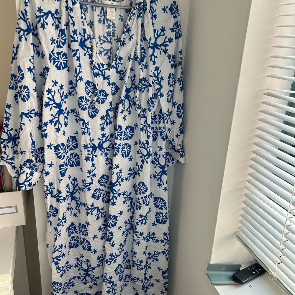 H&M White Dress with Blue Floral Pattern